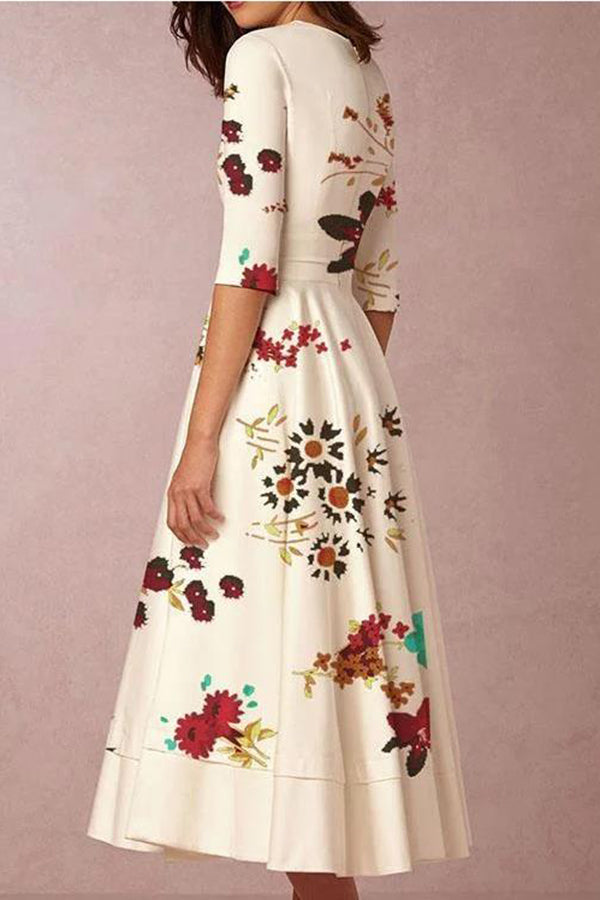 Floral V-Neck Waisted Half-Sleeve Dress