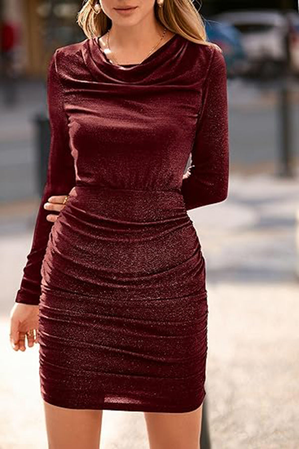 Glittery Pile Neck Long Sleeve Ruched Slim Fit Holiday Dress