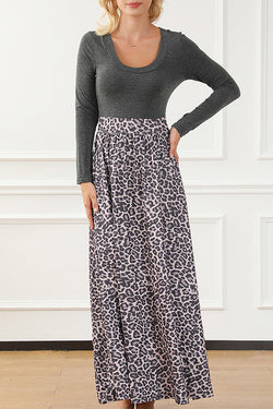 Leopard Print Patchwork Slim Long Sleeve Long Skirt