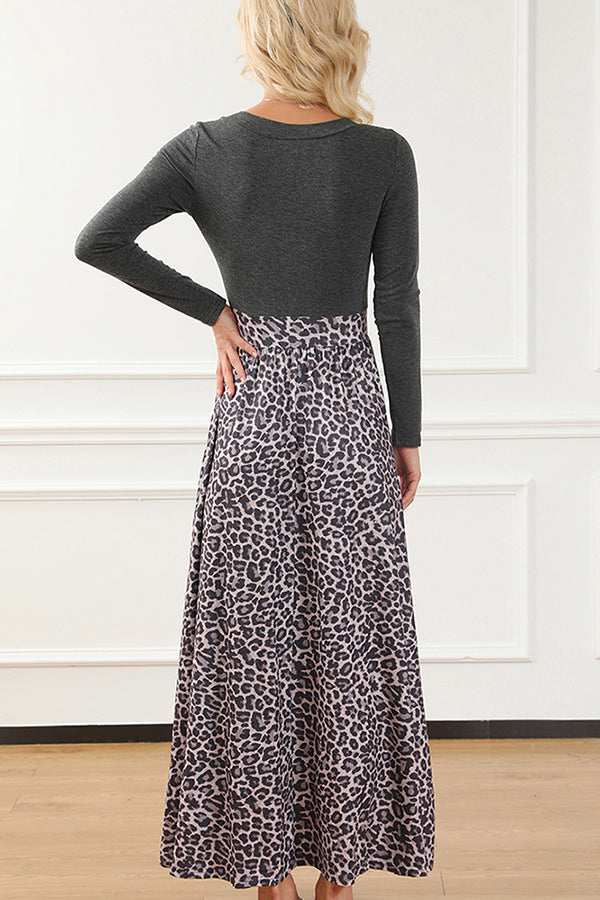 Leopard Print Patchwork Slim Long Sleeve Long Skirt