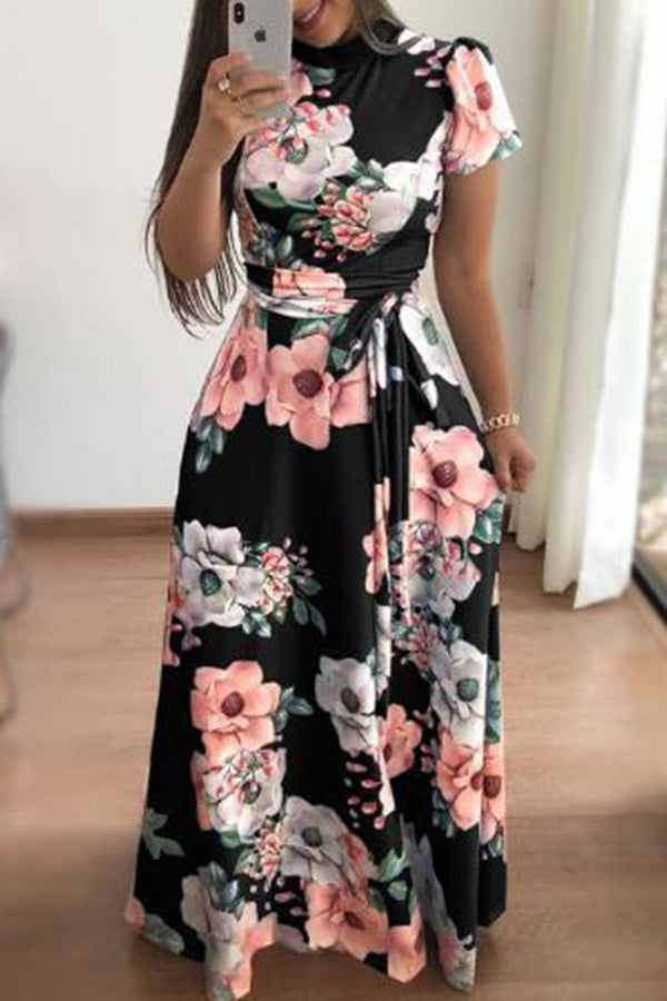 Casual Printed Strappy Short-Sleeved Long Dress