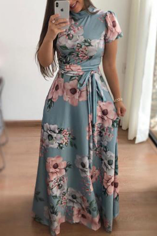 Casual Printed Strappy Short-Sleeved Long Dress