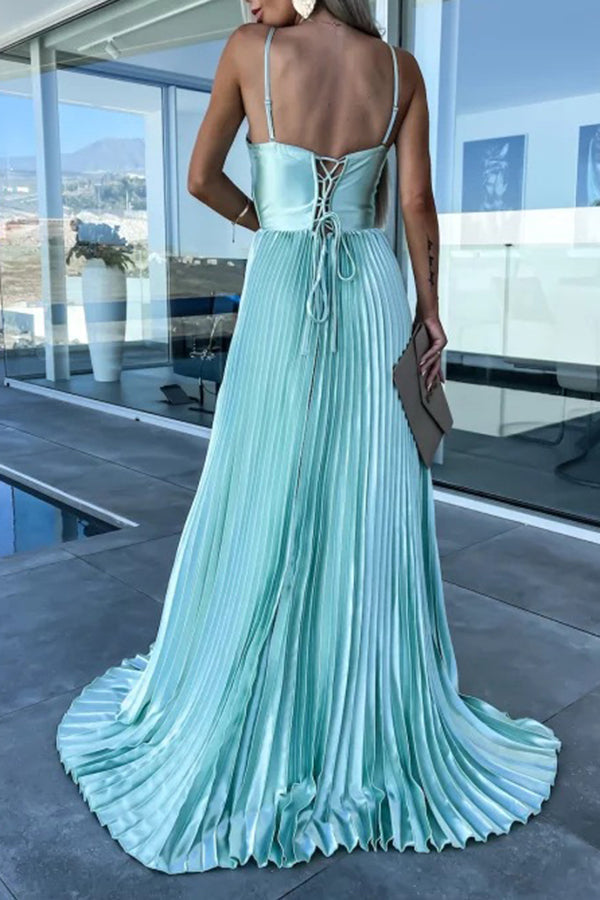 Sexy Suspender Satin Zip-Up Pleated Gown