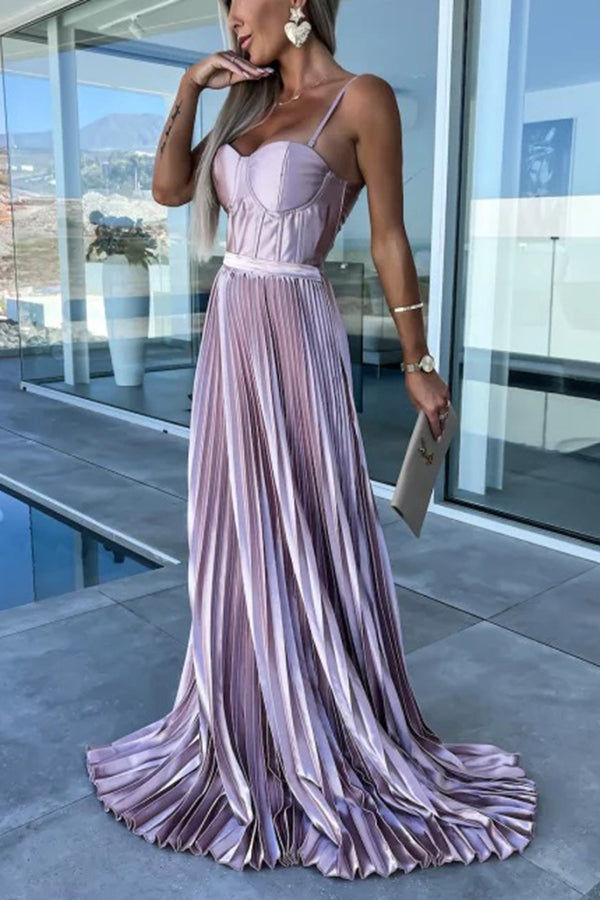 Sexy Suspender Satin Zip-Up Pleated Gown