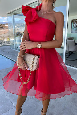 One-Shoulder Bow Mesh Dress with Full Skirt