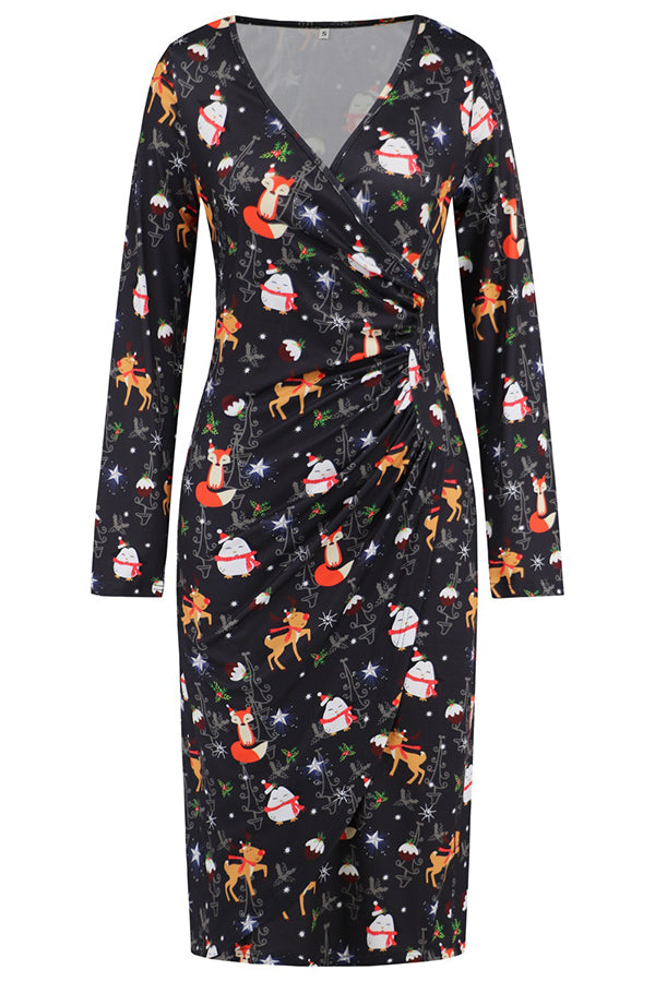 Christmas Printed Dress V-Neck Slim Fit Dress