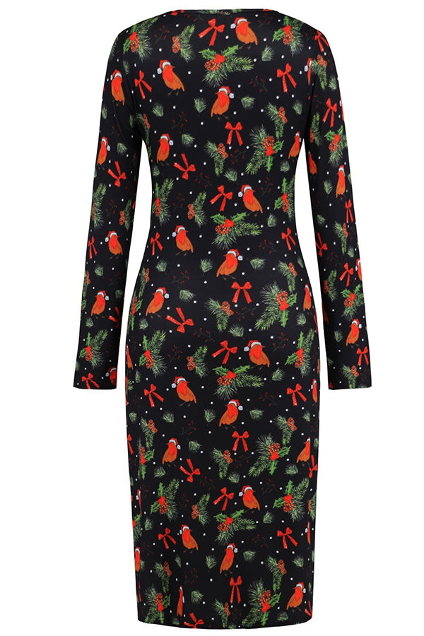 Christmas Printed Dress V-Neck Slim Fit Dress