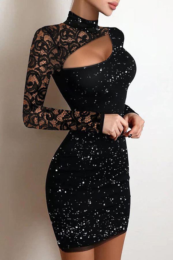 Sequined Lace Panel Festive Dress