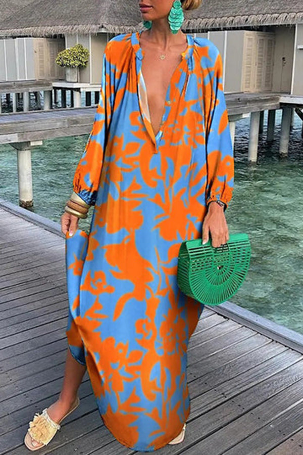 Autumn V-Neck Loose Long-Sleeved Printed Long Skirt