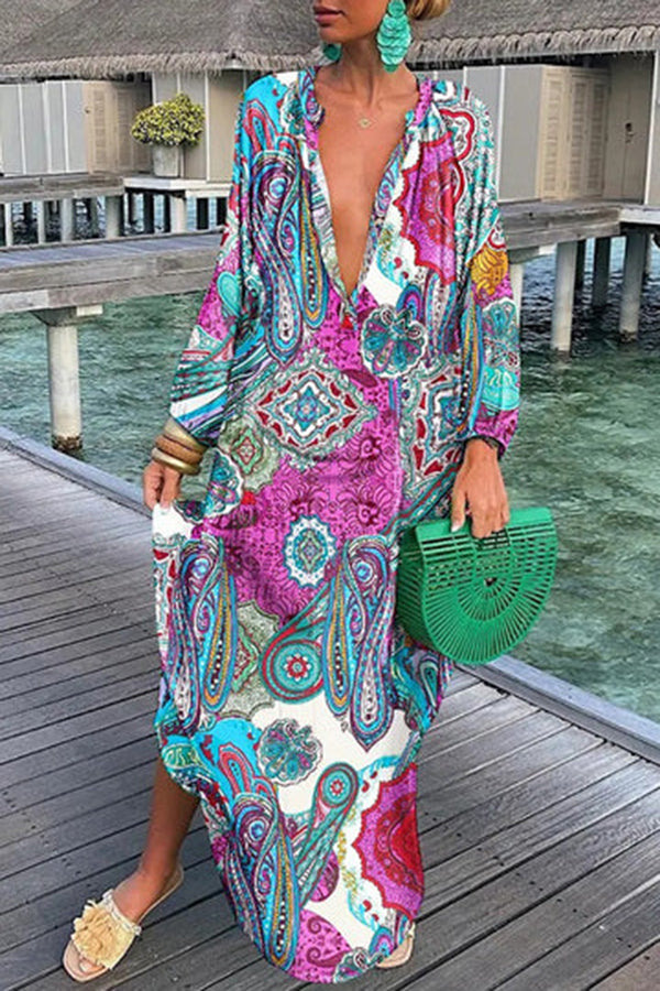 Autumn V-Neck Loose Long-Sleeved Printed Long Skirt