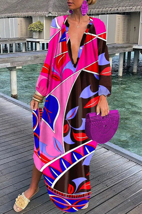 Autumn V-Neck Loose Long-Sleeved Printed Long Skirt