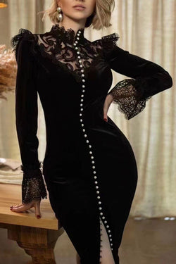 Lace Stand Collar, Bell Sleeves, Single Breasted Maxi Dress