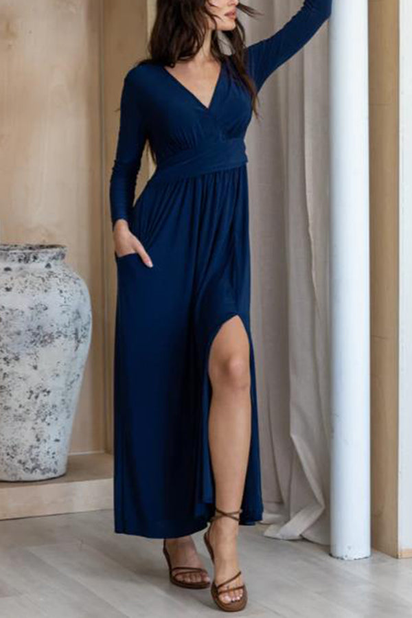 Womens Long Sleeve V Neck Side Slit Maxi Dress