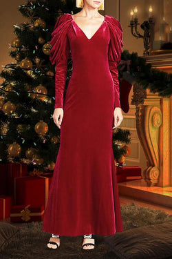 Christmas Dress with Elegant Pleated Sleeves