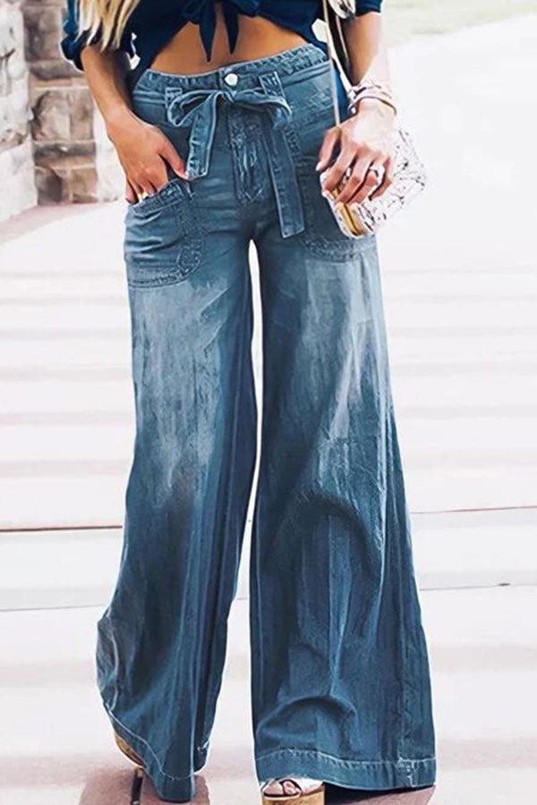 Lace-Up Washed Denim Wide-Leg Pants