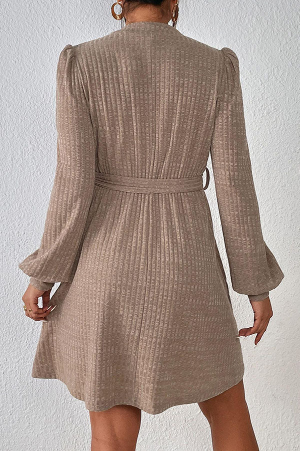 Nipped Waist Tie Solid Color Knit Dress