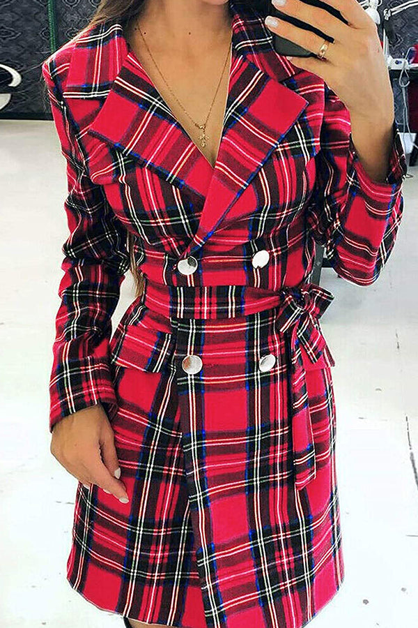 Tie-waist Plaid Long Suit Dress