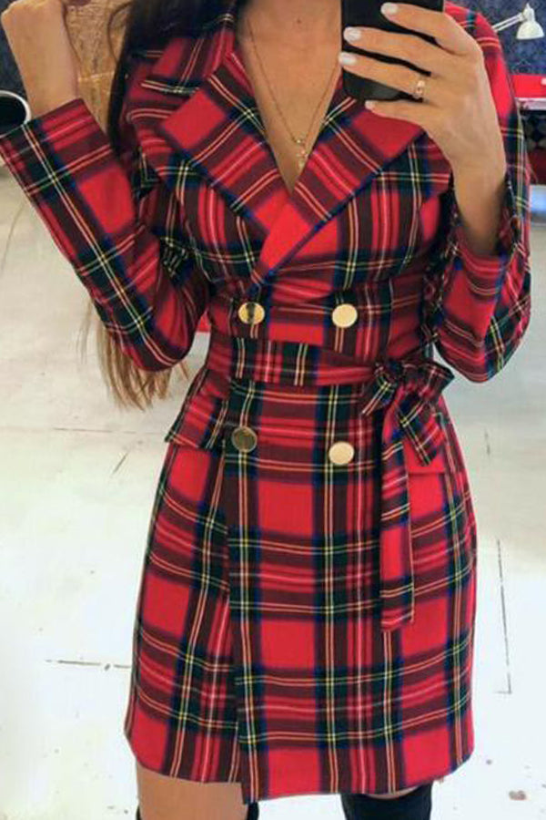 Tie-waist Plaid Long Suit Dress