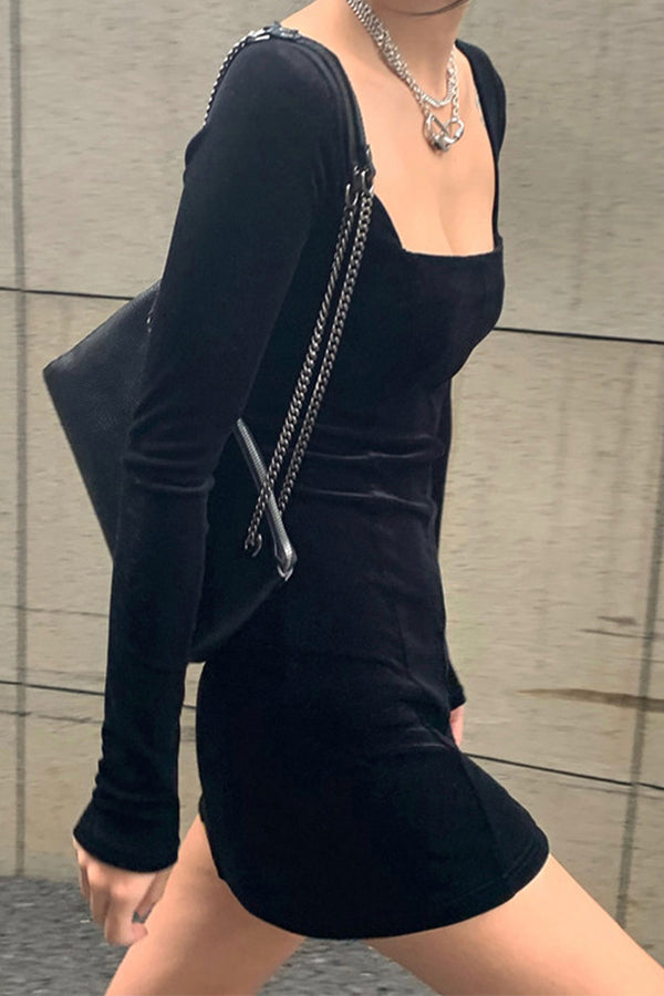 Retro Style Square Neck Slim Slit Dress