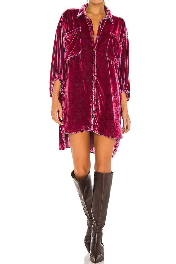 Gold Velvet Loose Balloon Sleeve Long Shirt Dress