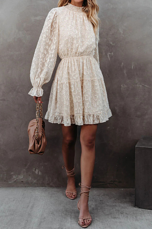 Jacquard Ruffled Long-sleeve Dress