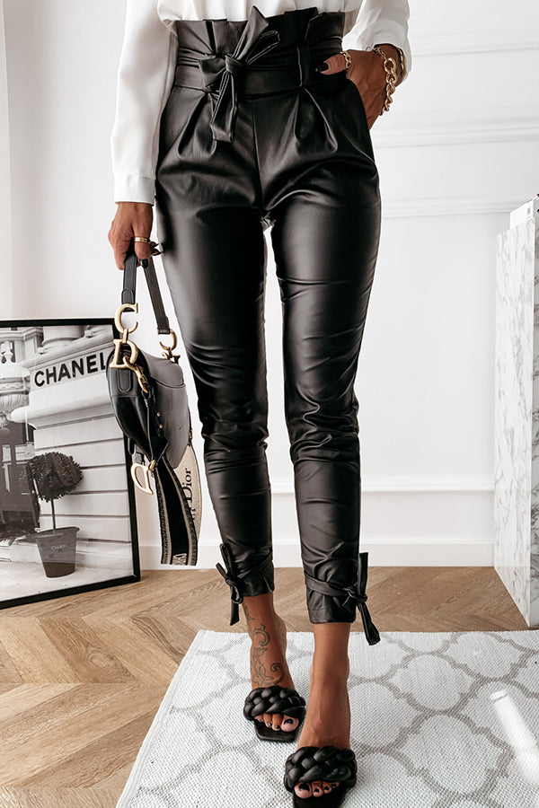 Bow-Belt Belted Leather Pants