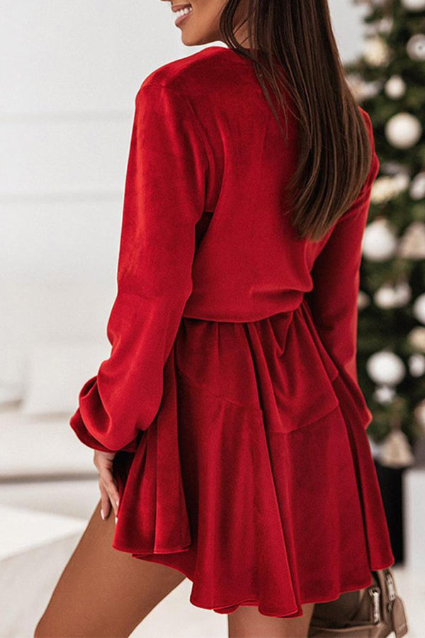 Cross V-Neck Neck Waist Drawstring Velvet Dress