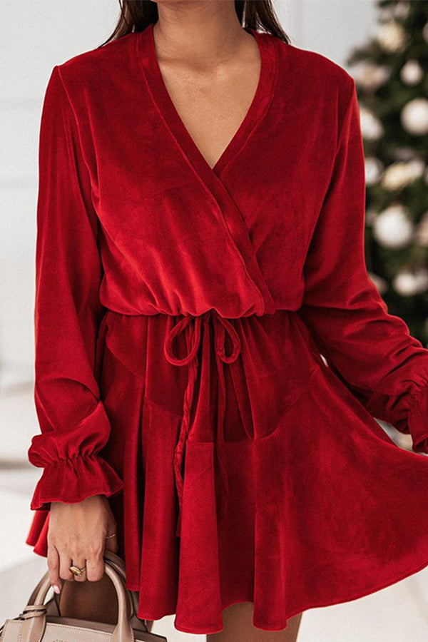 Cross V-Neck Neck Waist Drawstring Velvet Dress