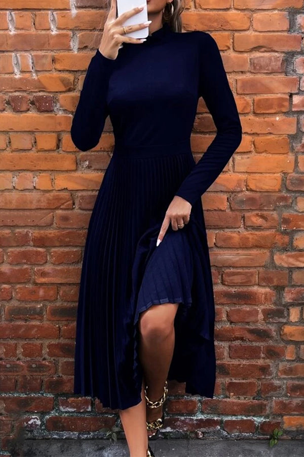 Half Turtleneck Pleated Long Dress