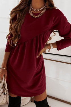 Solid Color Long Sleeve Irregular Pleated Chest Dress