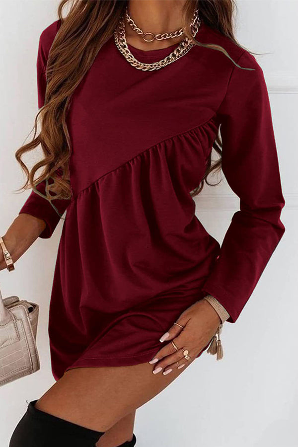 Solid Color Long Sleeve Irregular Pleated Chest Dress