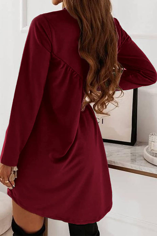 Solid Color Long Sleeve Irregular Pleated Chest Dress