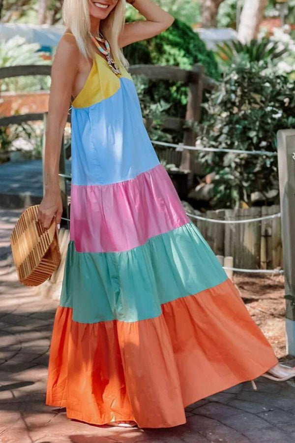 Sweet Candy Color Block Patchwork Holiday Slip Dress