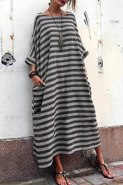 Vintage Cotton And Linen Striped Long Dress