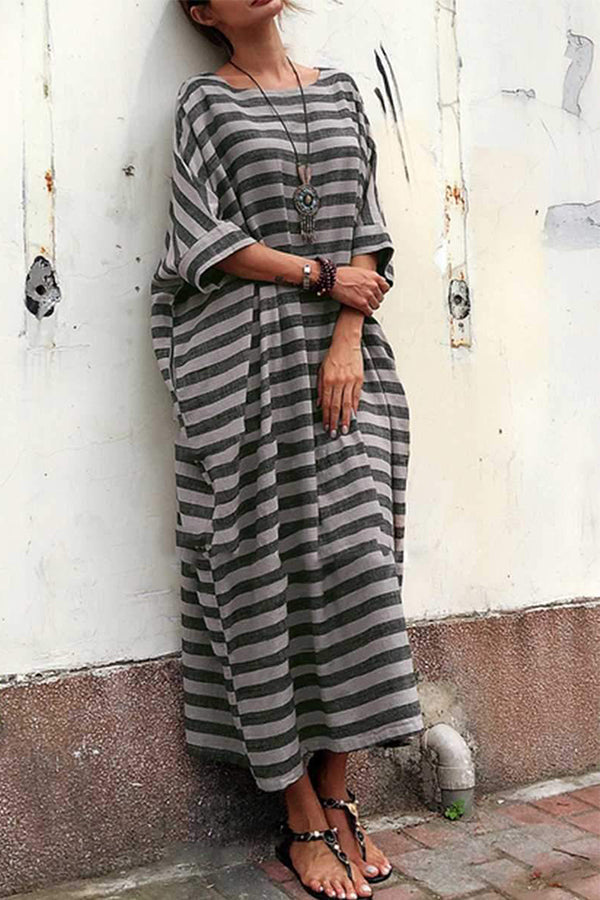 Vintage Cotton And Linen Striped Long Dress