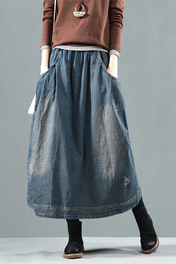 Artistic Retro Elastic Waist Pocket Washed Denim Skirt