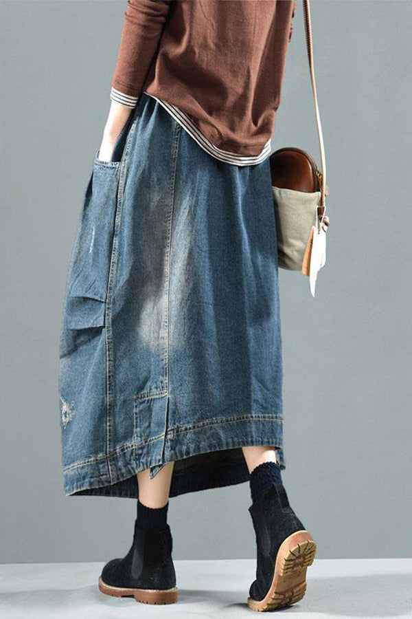 Artistic Retro Elastic Waist Pocket Washed Denim Skirt