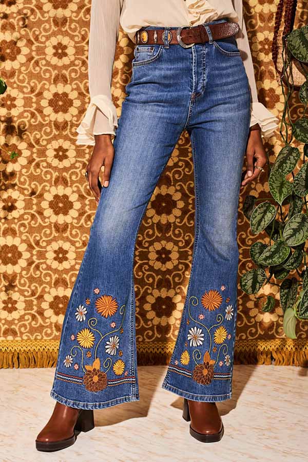 Vintage Daisy Embroidered High Rise Bootcut Distressed Jeans