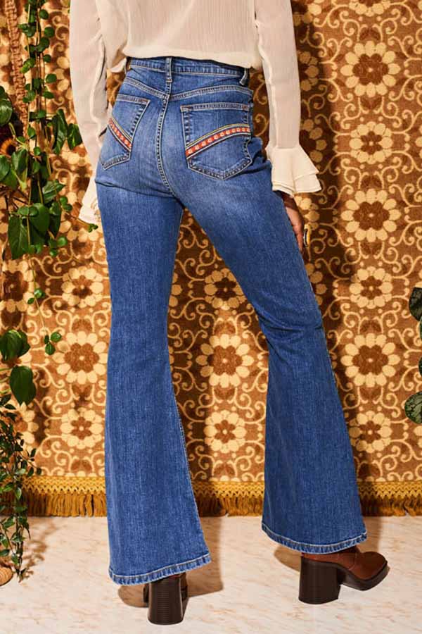 Vintage Daisy Embroidered High Rise Bootcut Distressed Jeans