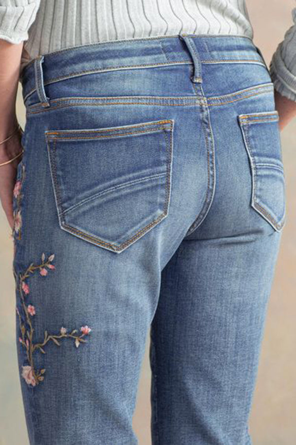 Vintage High-rise Micro-stretch Slim-fit Embroidered Floral Jeans