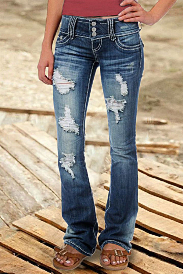 Low Rise Vintage Ripped Button Jeans