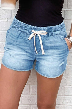 Mid-Rise Loose Wash Lace-Up Denim Shorts