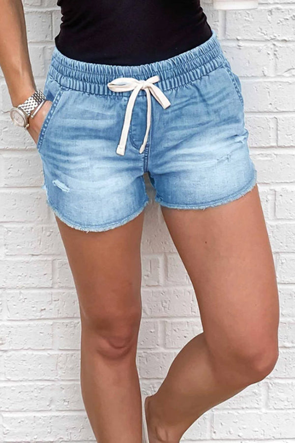 Mid-Rise Loose Wash Lace-Up Denim Shorts