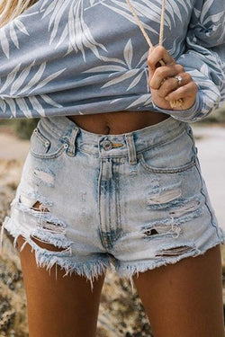 High-waisted Ripped Fringed Denim Shorts