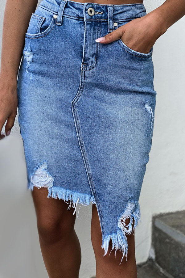 Personality Ripped Irregular Hip Cover Denim Skirt