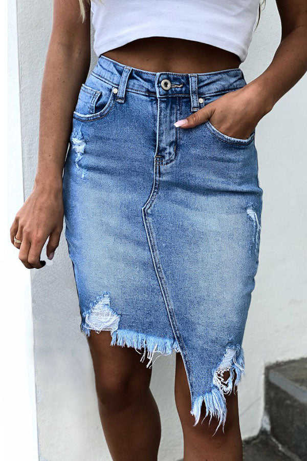 Personality Ripped Irregular Hip Cover Denim Skirt