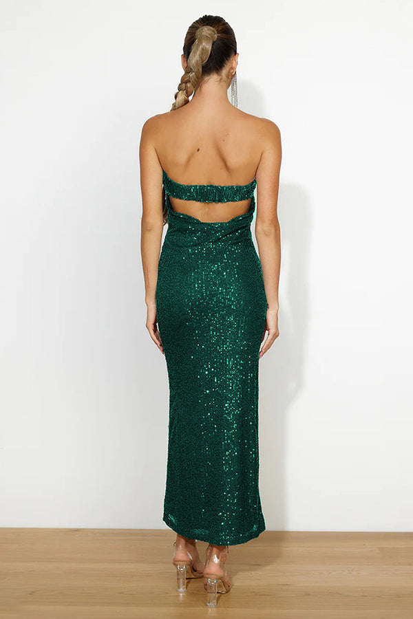 Best Dressed for Party Evening Strapless Sequined Long Gown