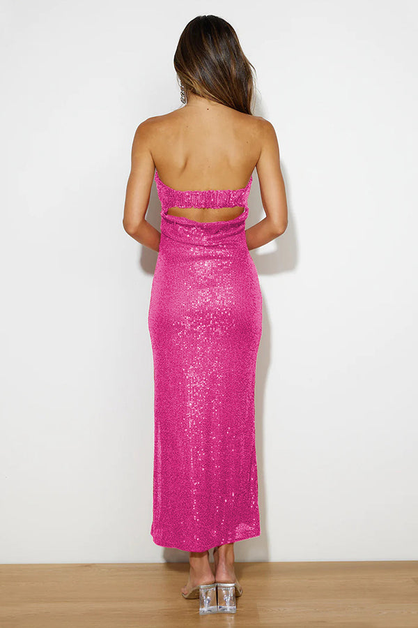 Best Dressed for Party Evening Strapless Sequined Long Gown