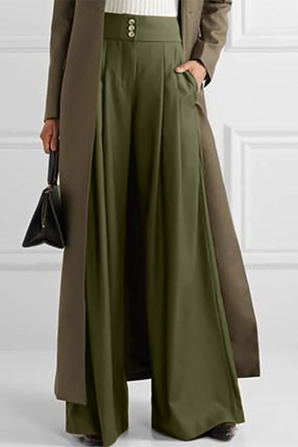 High Waist Solid Color Pleated Casual Wide Leg Pants