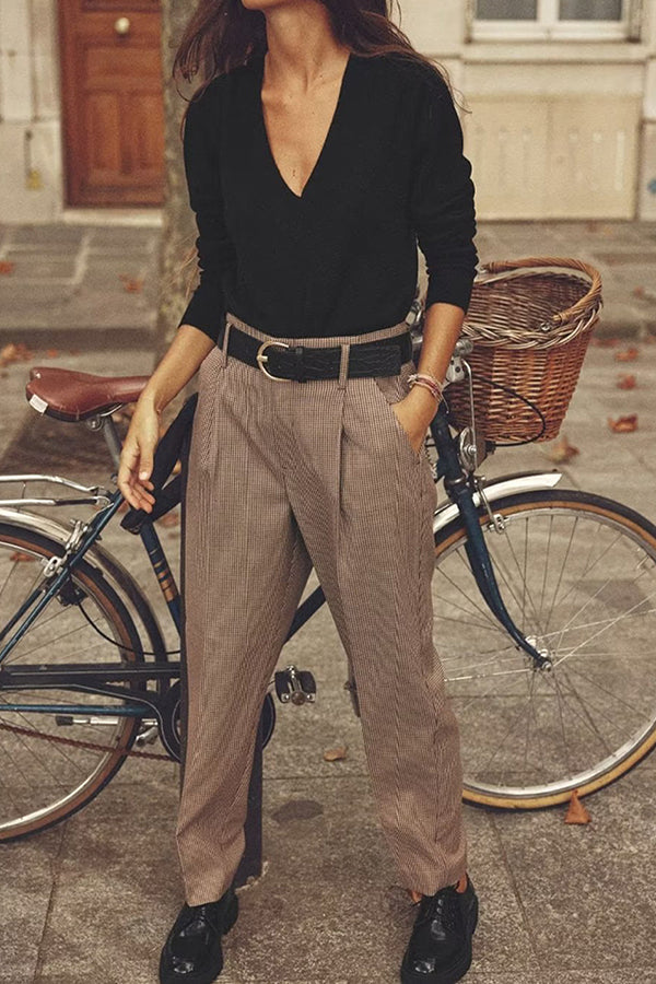 Retro High Waist Belted Casual Trousers